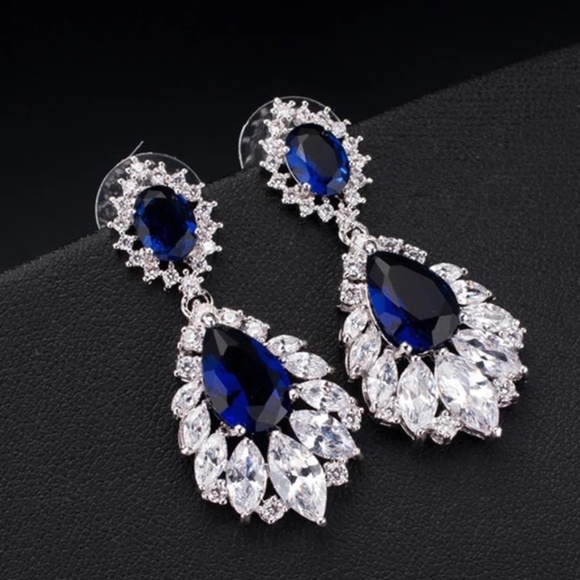 Blue Tear Drop Sapphire Crystal Silver Earrings - Picture 8 of 16